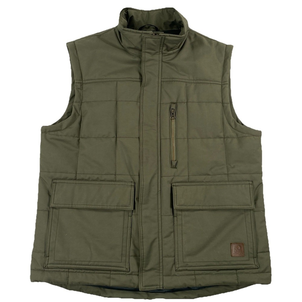 Overland Quilted Vest Full‎ Zip Magnetic Pockets Flap Olive Green Men's Large